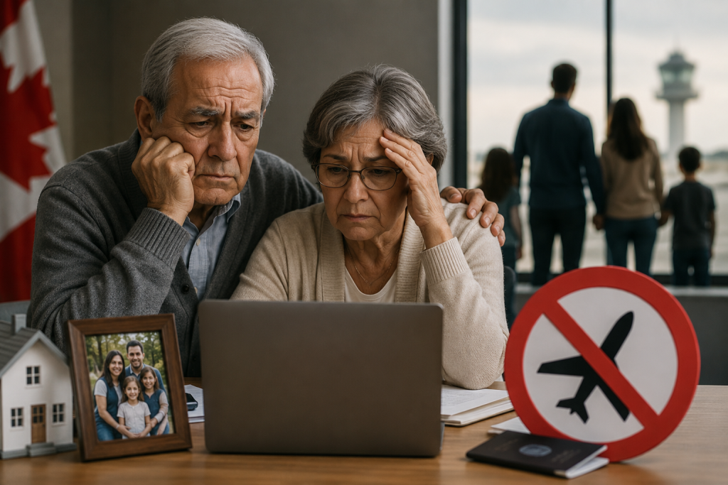 Pareja de adultos mayores observa con preocupación una computadora mientras revisa información sobre el Programa de Padres y Abuelos de Canadá, simbolizando la suspensión o cancelación del proceso migratorio.