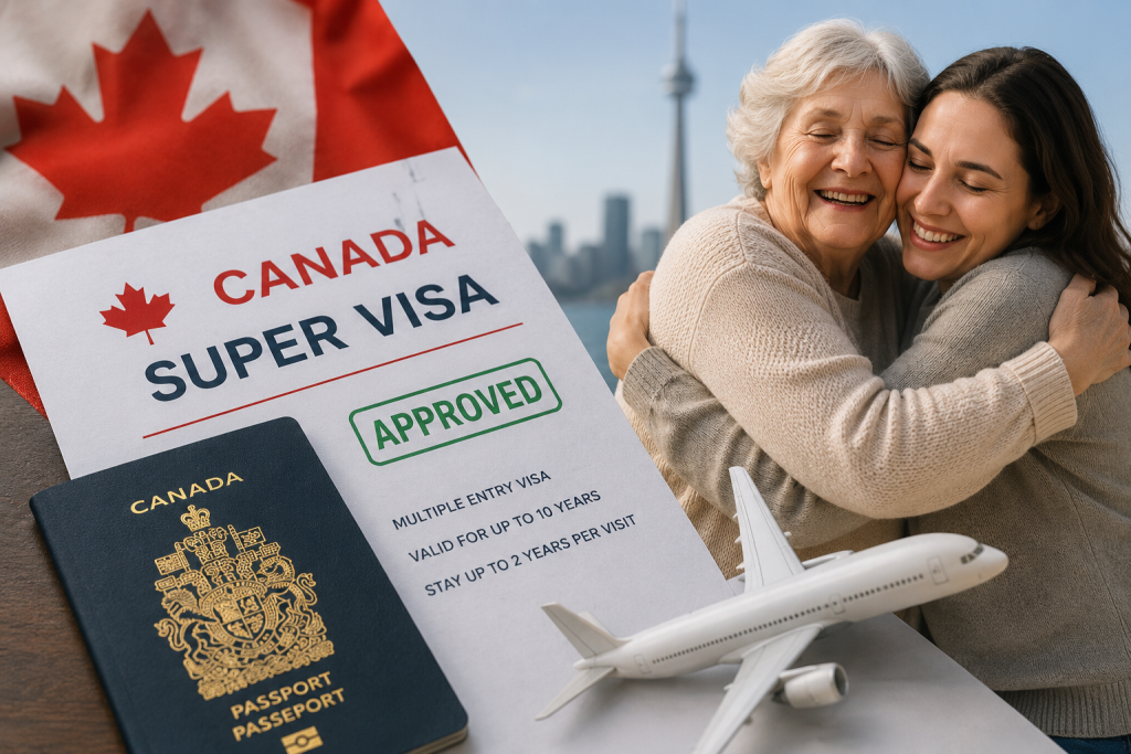 Madre e hija adultas se abrazan mientras aparecen elementos relacionados con la Super Visa de Canadá, como un pasaporte canadiense, un avión y la bandera del país, representando la reunificación familiar.