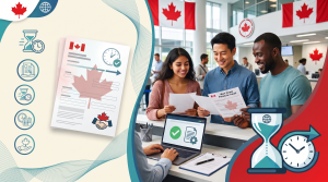 Professionals in a Canadian government office reviewing work permit and asylum status documents, featuring hourglass and clock symbols representing new procedural timelines.
