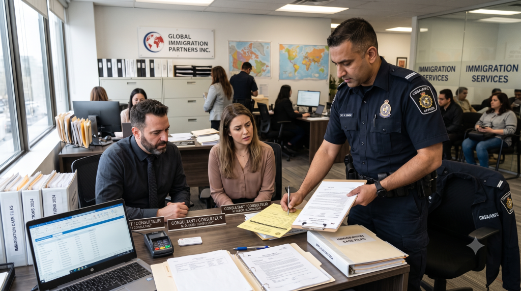 Un oficial de inmigración uniforme entregando un documento de multa a dos consultores en una oficina sobre un escritorio lleno de expediente.