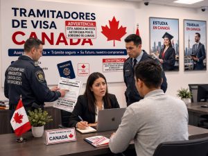 Funcionarios de inmigración inspeccionan una agencia de tramitadores de visas en Canadá mientras entregan un aviso de infracción por brindar asesoría migratoria no autorizada a un cliente.