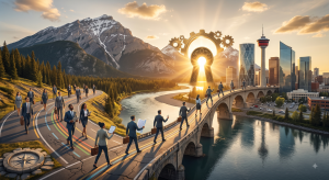 Empresarios caminando hacia el horizonte urbano de Alberta con las Montañas Rocosas de fondo, simbolizando rutas de desarrollo y migración de negocios en Canadá.
