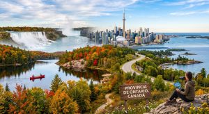Panorámica de Ontario Canadá con Cataratas del Niágara, skyline de Toronto y naturaleza en otoño