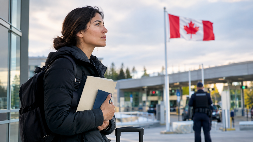 A person at a Canadian border crossing with immigration documents, illustrating the asylum application process.